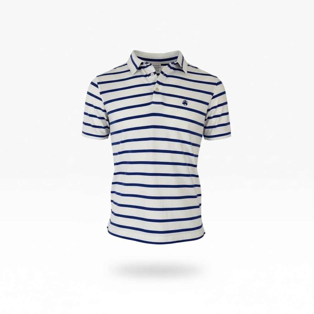 Brooks Brothers Mens Large White Blue Striped Cotton Short Sleeve Polo Shirt